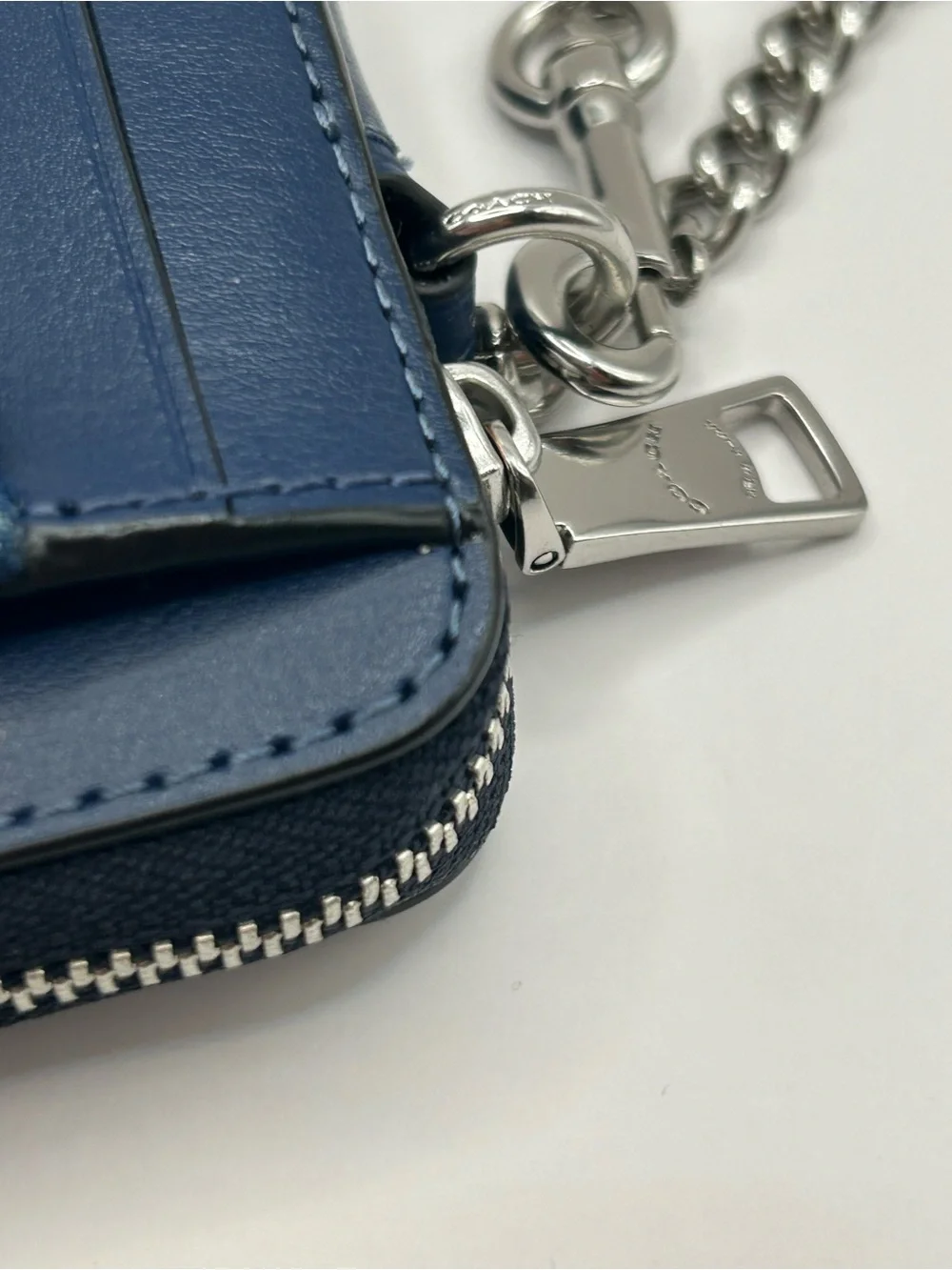 Coach Quilted Denim Card Holder with Silver Chain - Blue